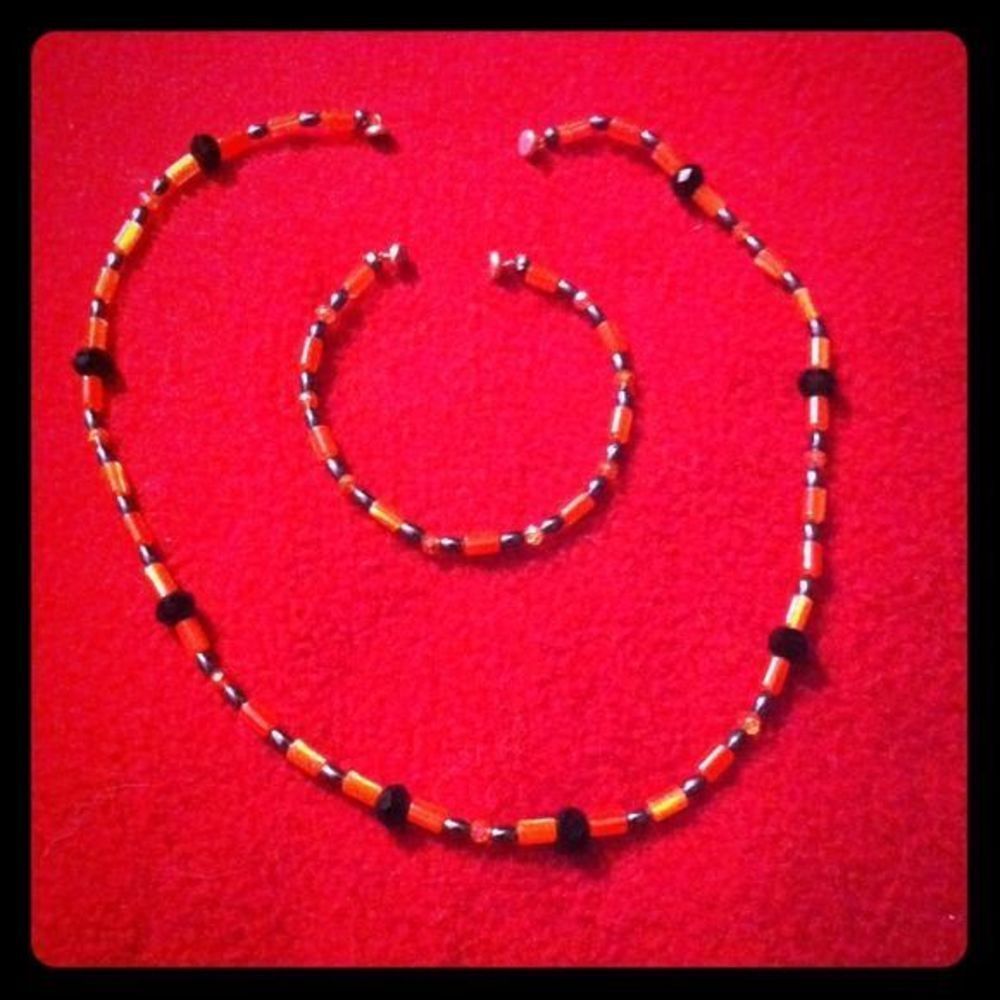 Hand Crafted Tangerine And Black Crystal Necklace And Bracelet Set
